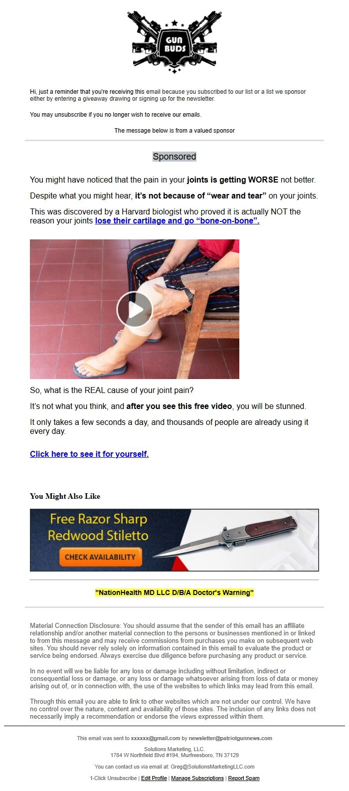 Screenshot of the email generated on import