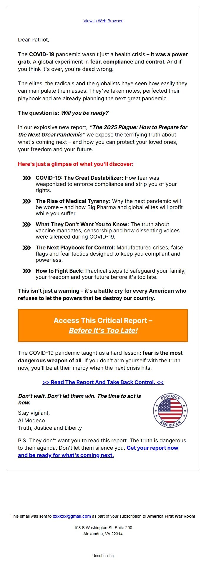 Screenshot of the email generated on import