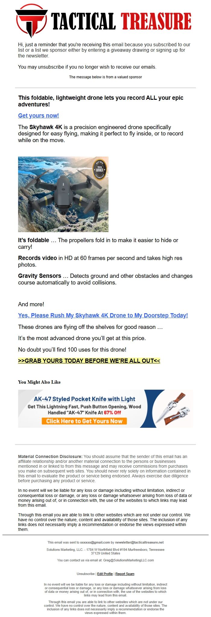 Screenshot of the email generated on import