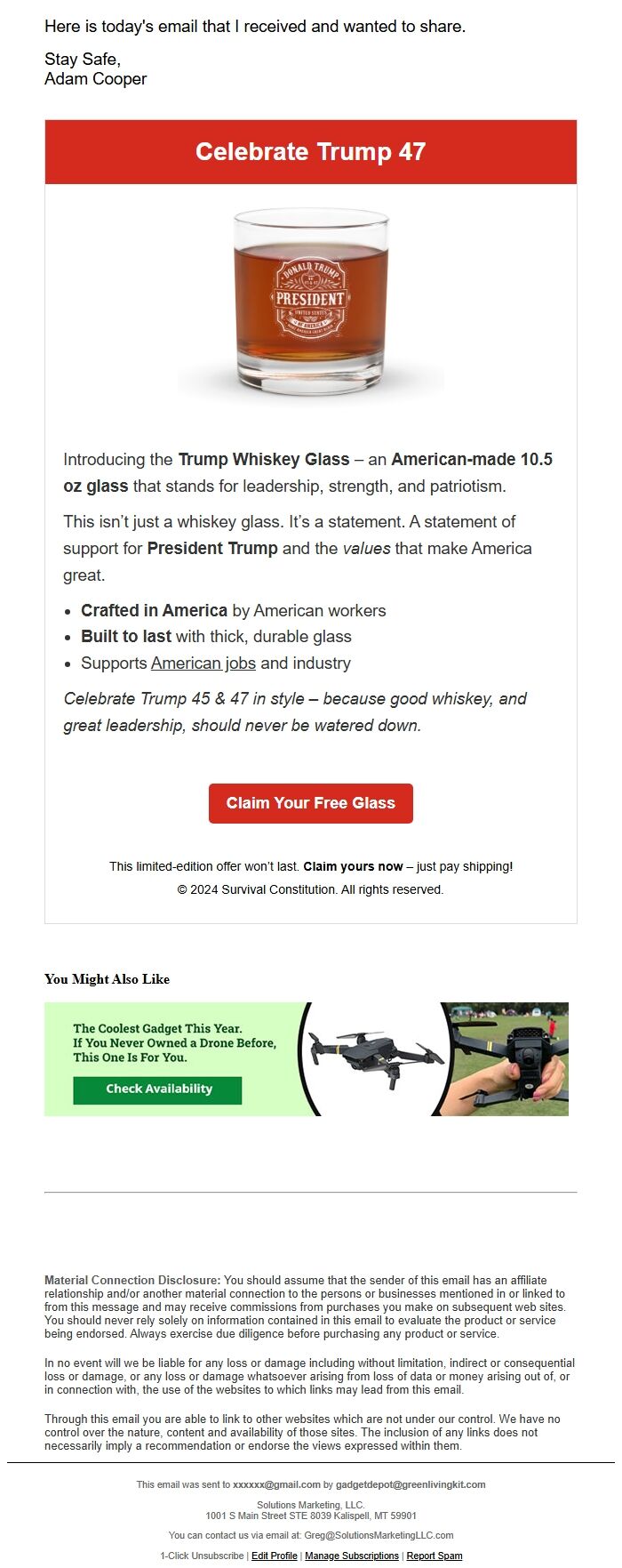 Screenshot of the email generated on import