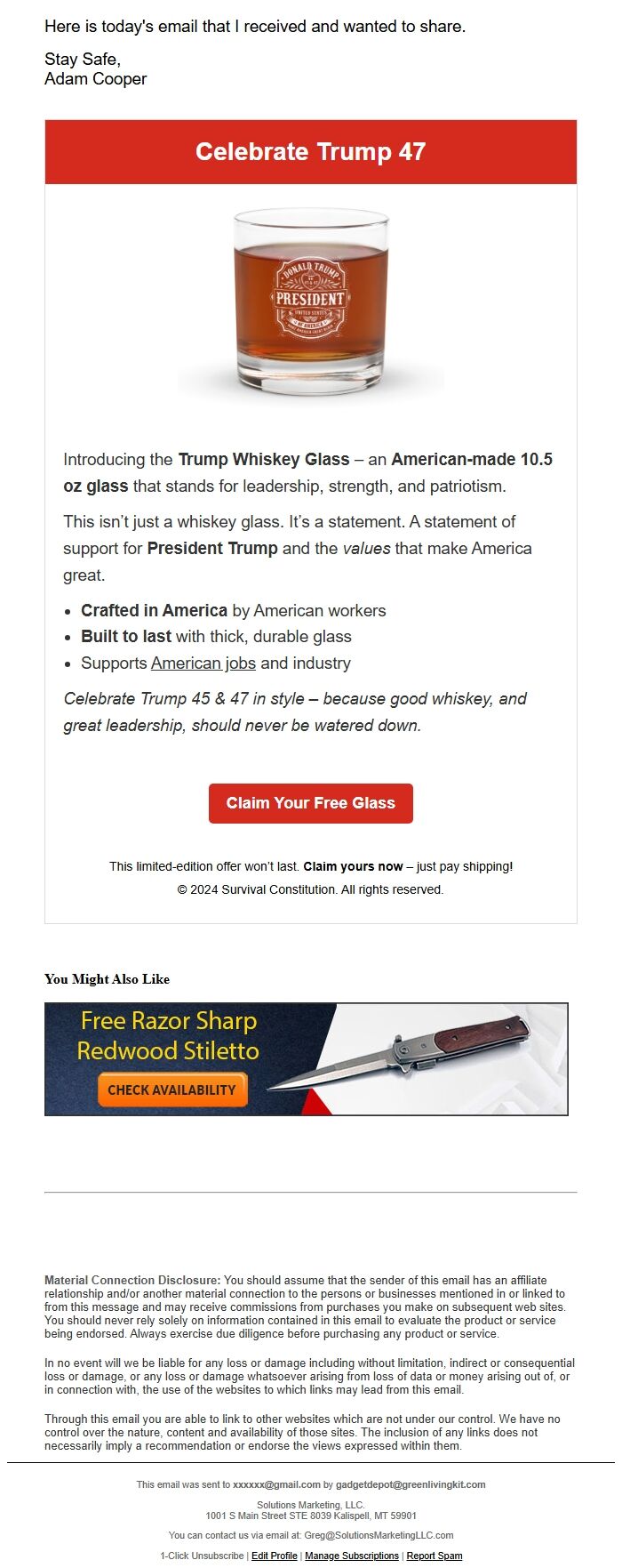 Screenshot of the email generated on import