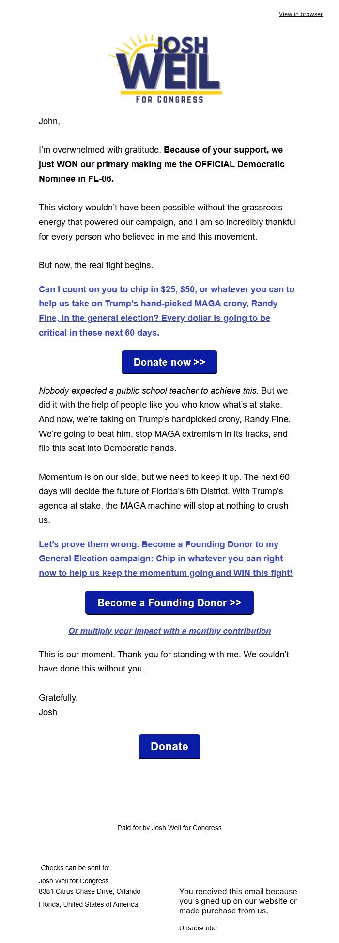 Screenshot of the email generated on import