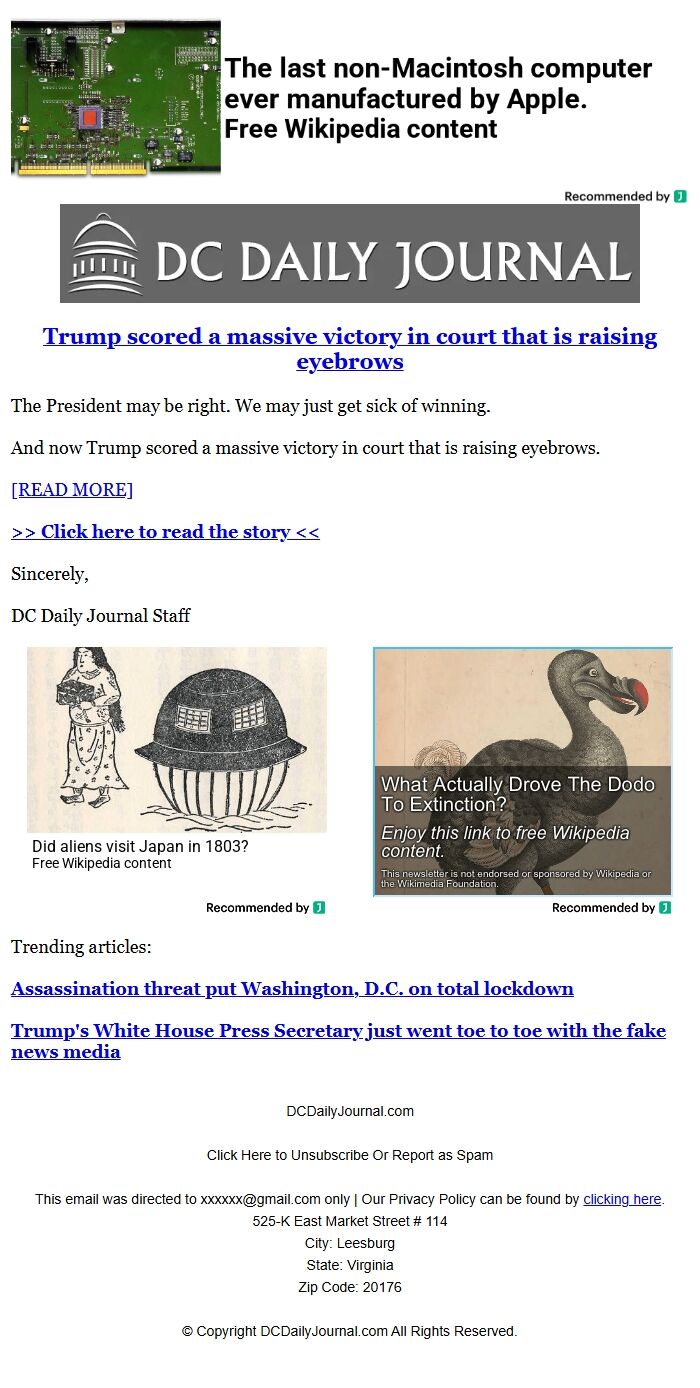 Screenshot of the email generated on import