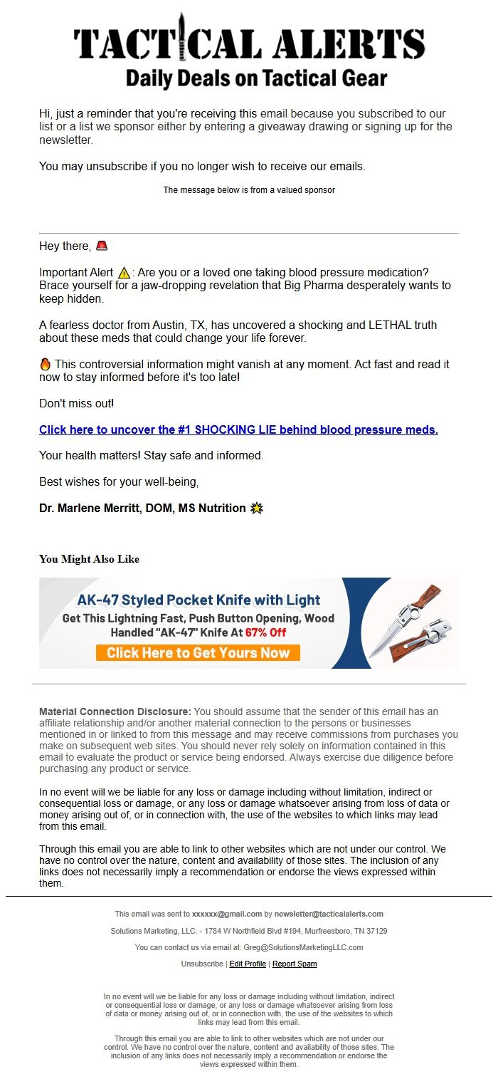 Screenshot of the email generated on import