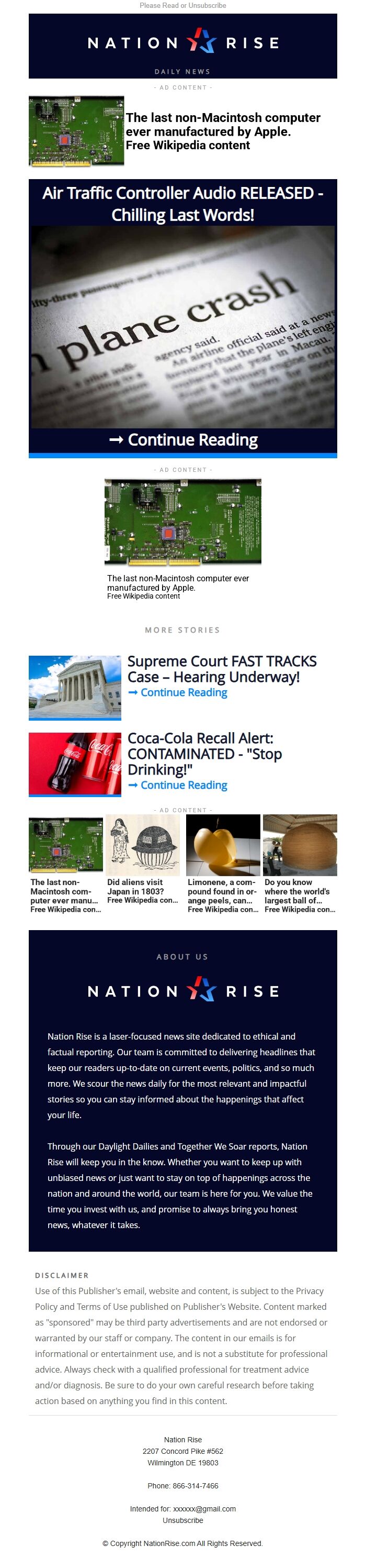 Screenshot of the email generated on import