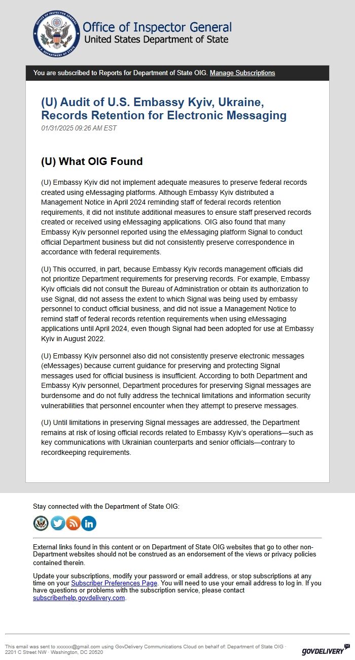 Screenshot of the email generated on import