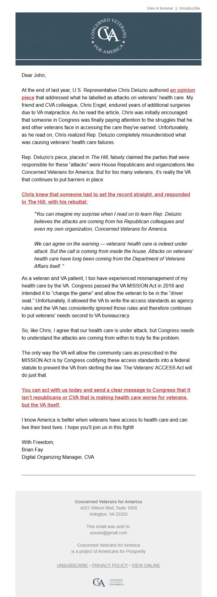 Screenshot of the email generated on import
