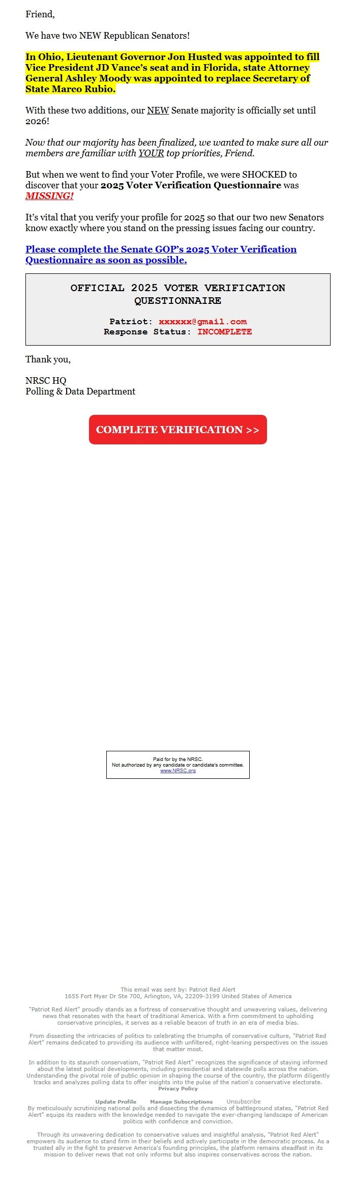 Screenshot of the email generated on import
