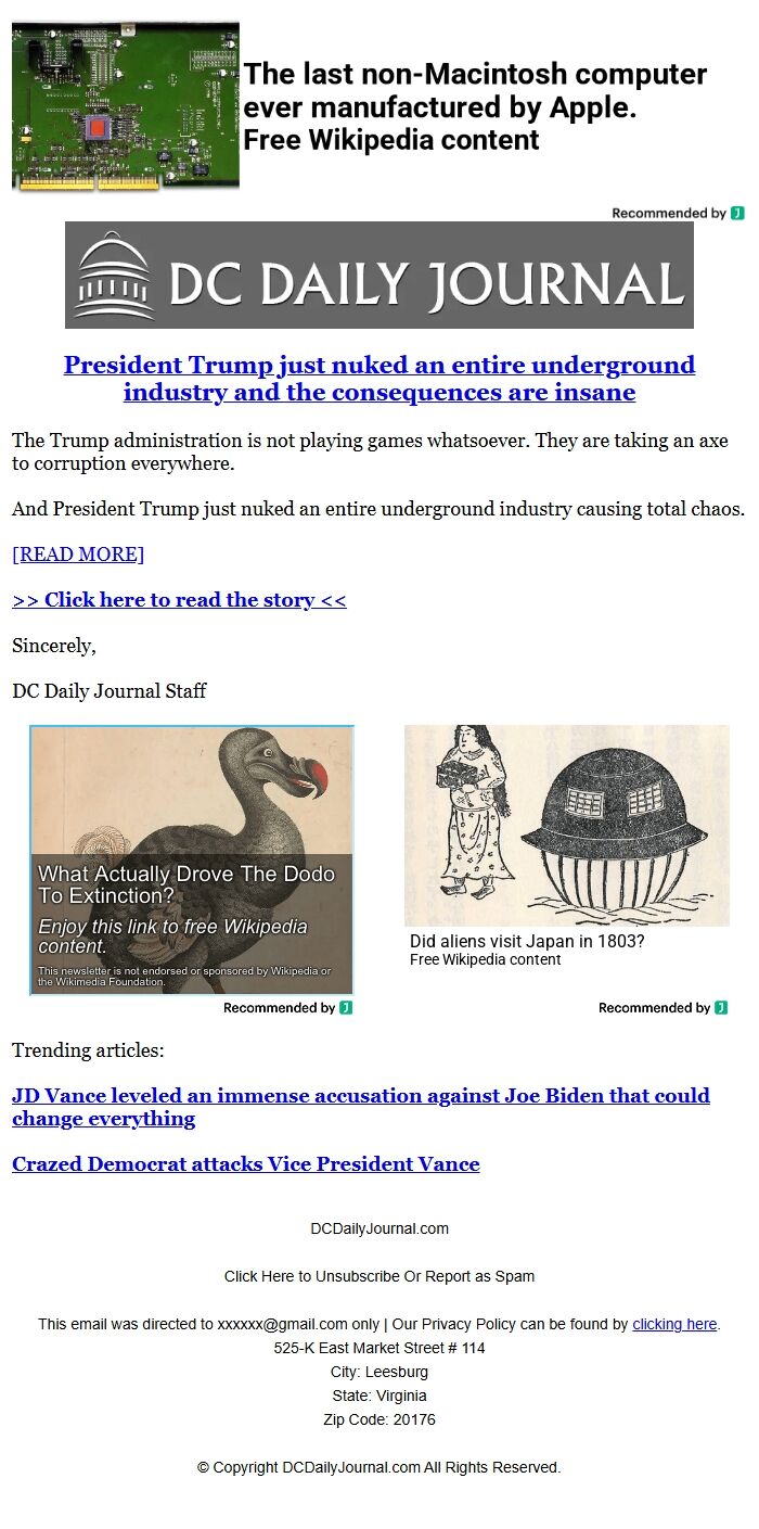 Screenshot of the email generated on import