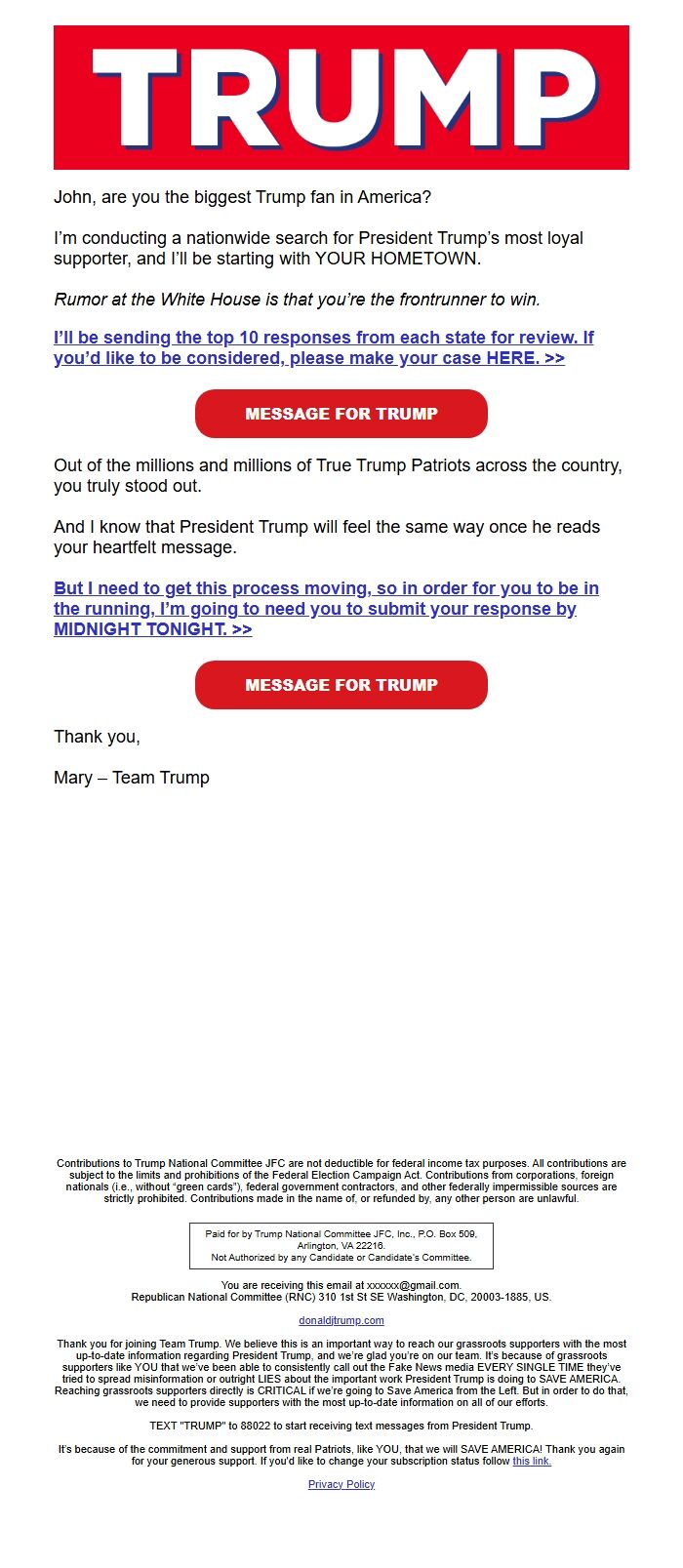 Screenshot of the email generated on import