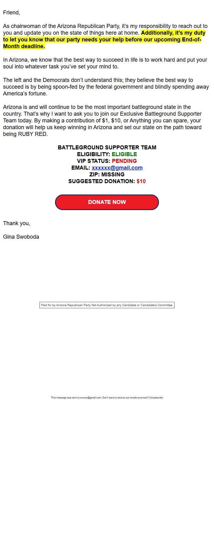 Screenshot of the email generated on import
