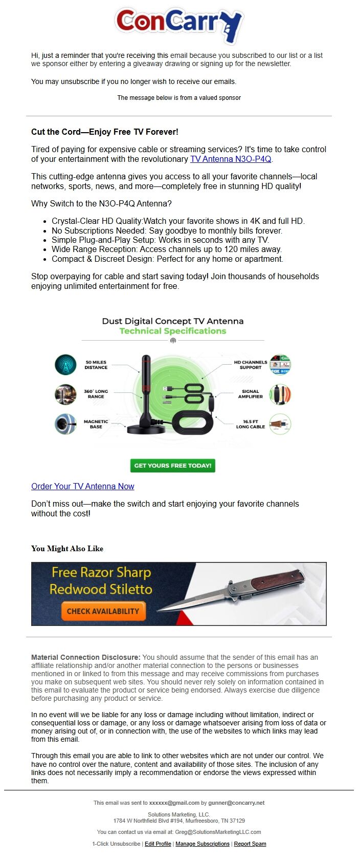 Screenshot of the email generated on import