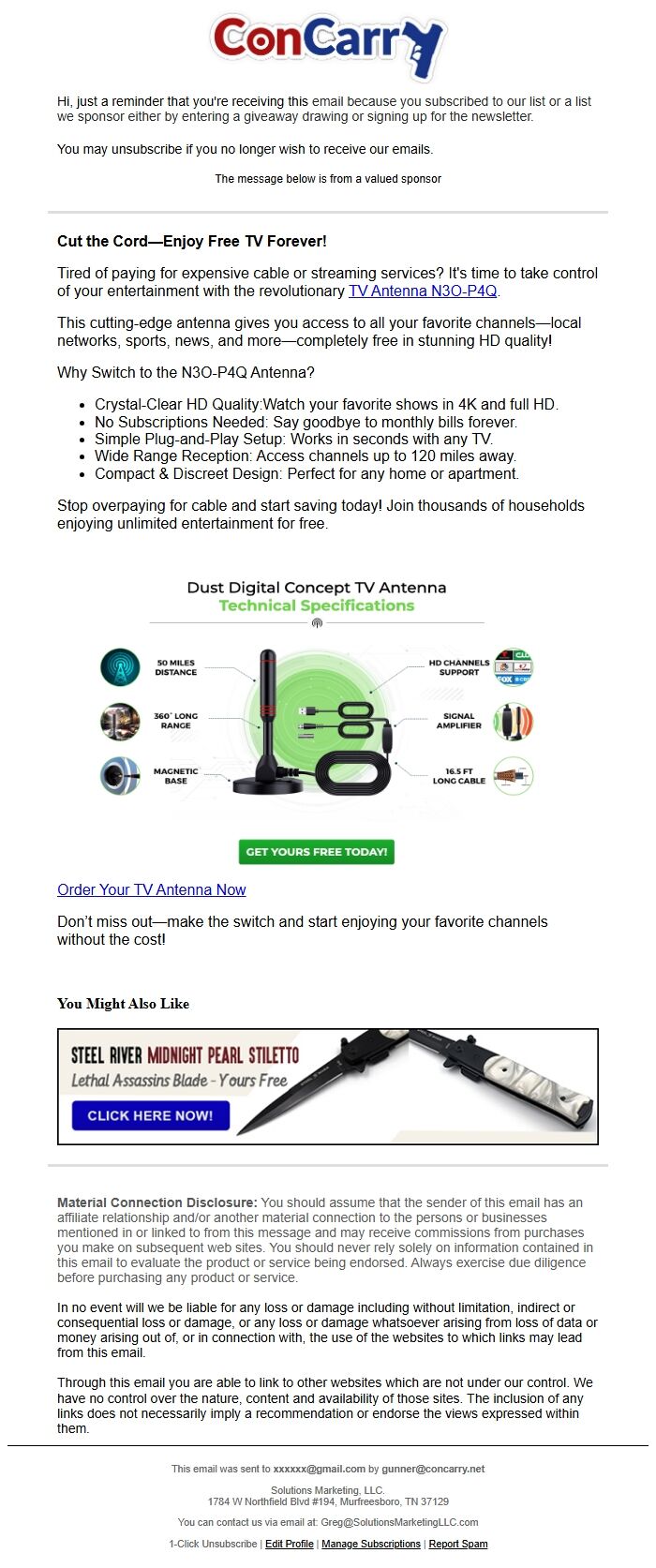 Screenshot of the email generated on import