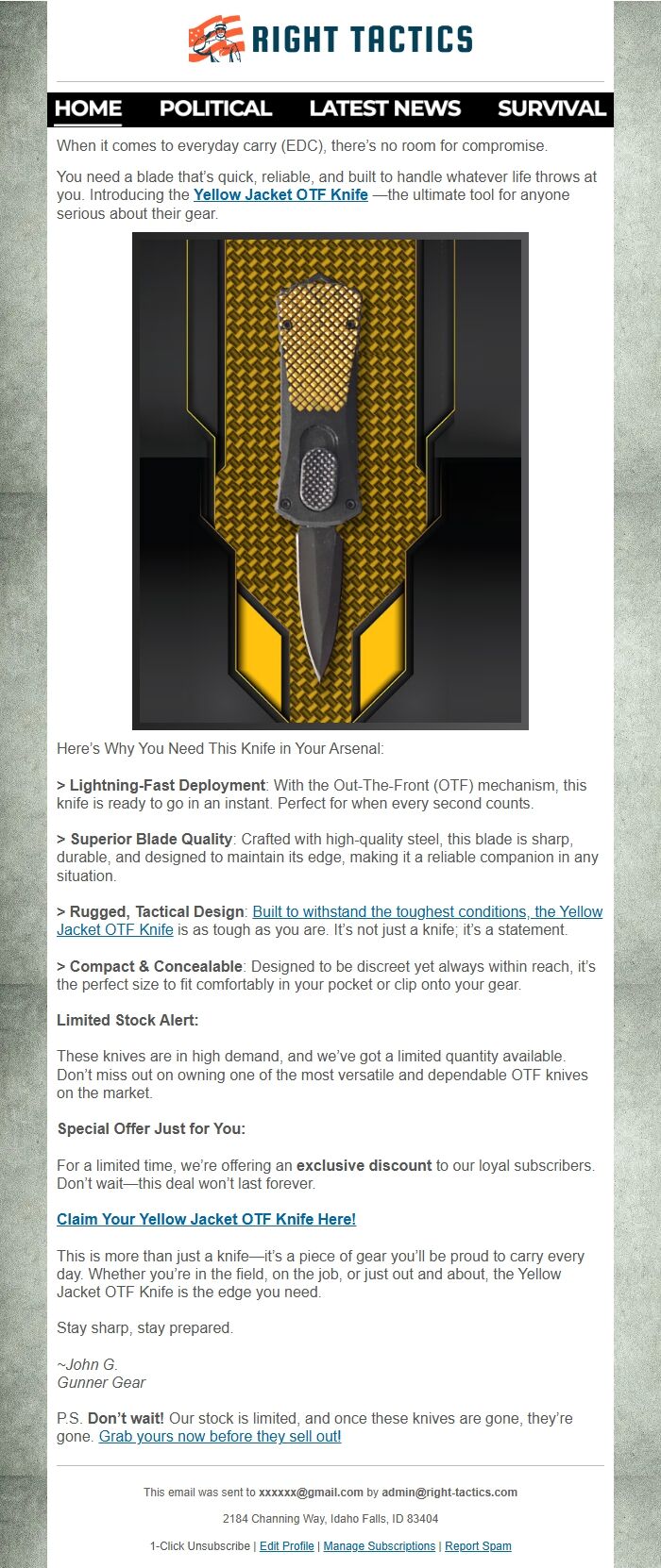 Screenshot of the email generated on import