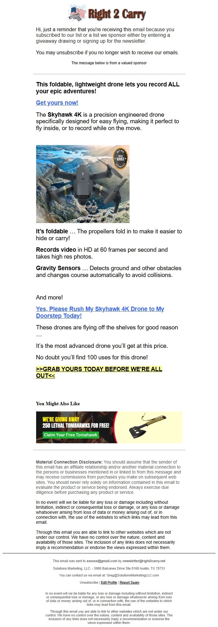 Screenshot of the email generated on import