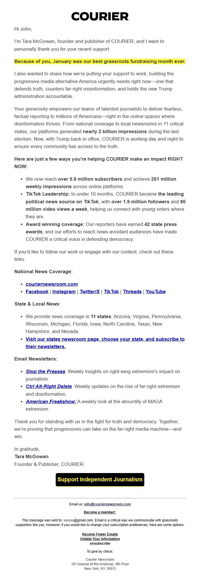 Screenshot of the email generated on import