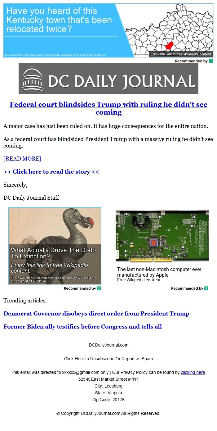Screenshot of the email generated on import