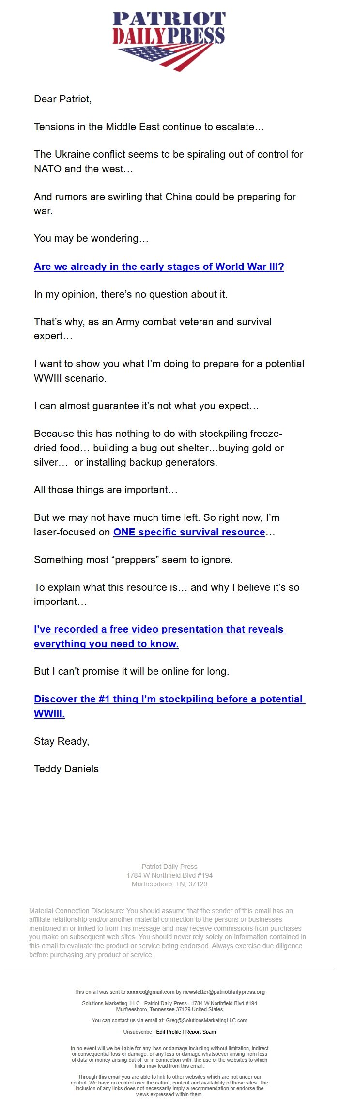 Screenshot of the email generated on import