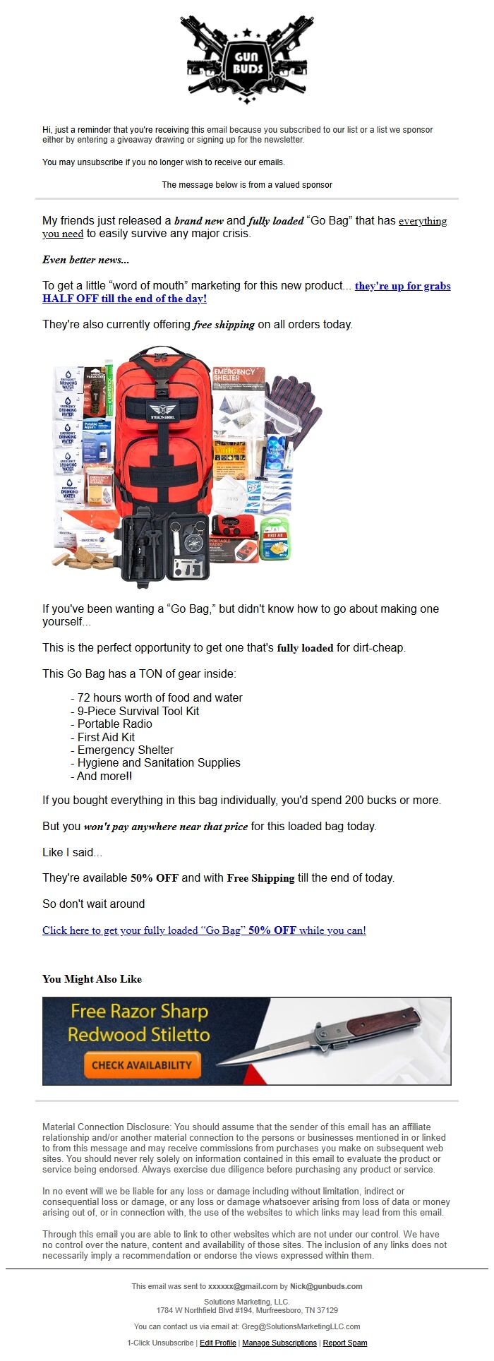 Screenshot of the email generated on import