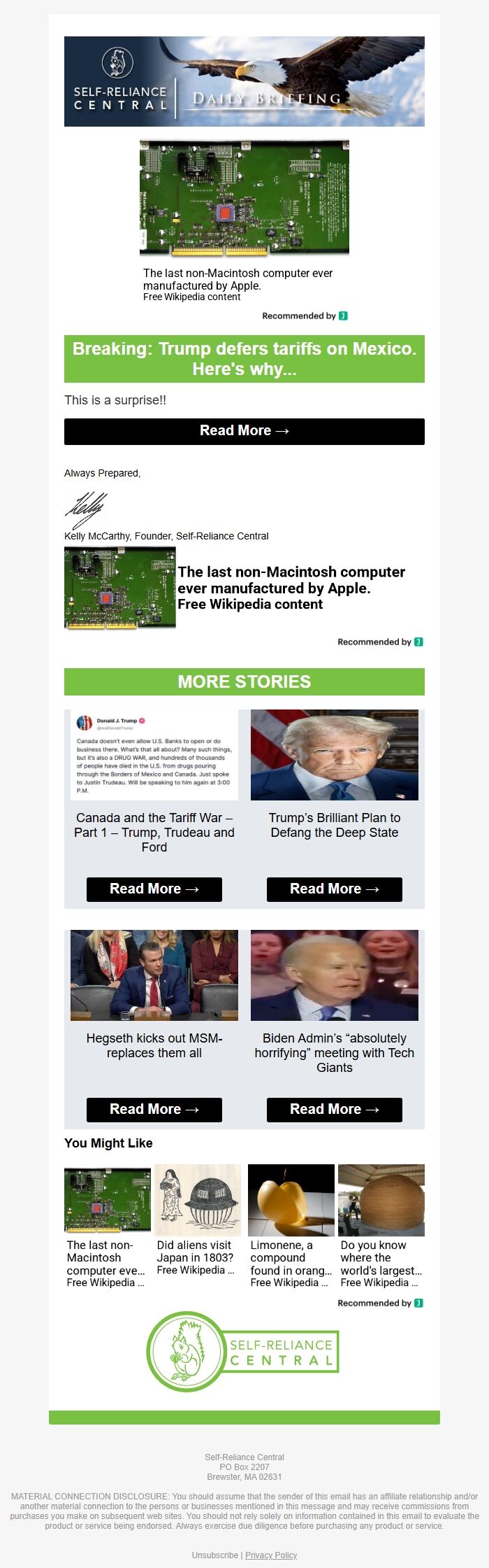Screenshot of the email generated on import