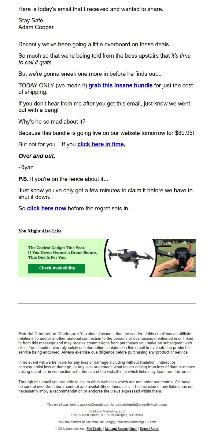 Screenshot of the email generated on import