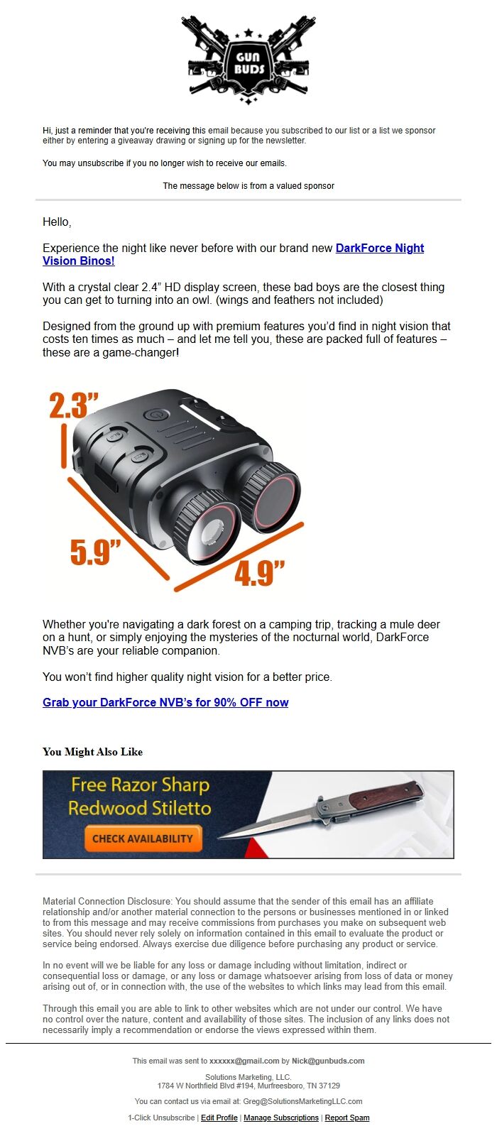 Screenshot of the email generated on import