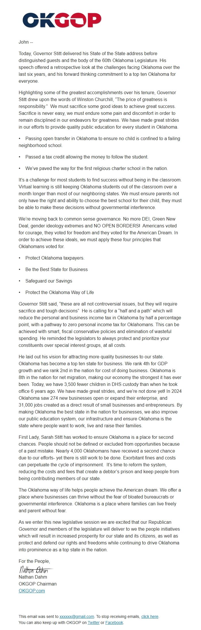 Screenshot of the email generated on import