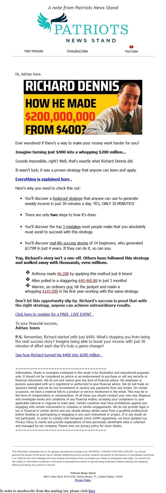 Screenshot of the email generated on import