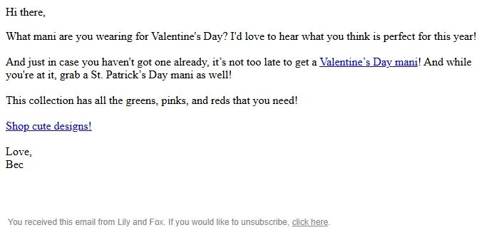 Screenshot of the email generated on import
