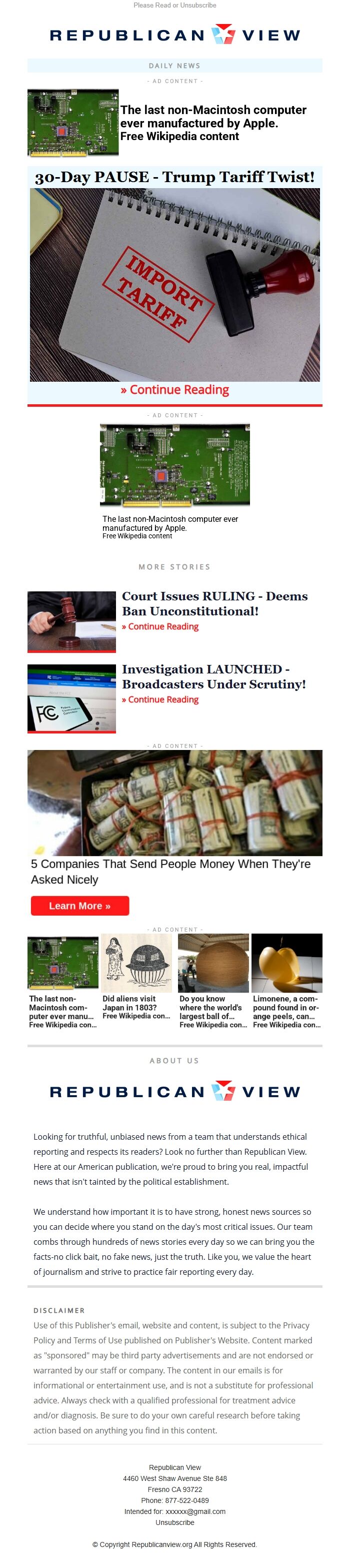 Screenshot of the email generated on import