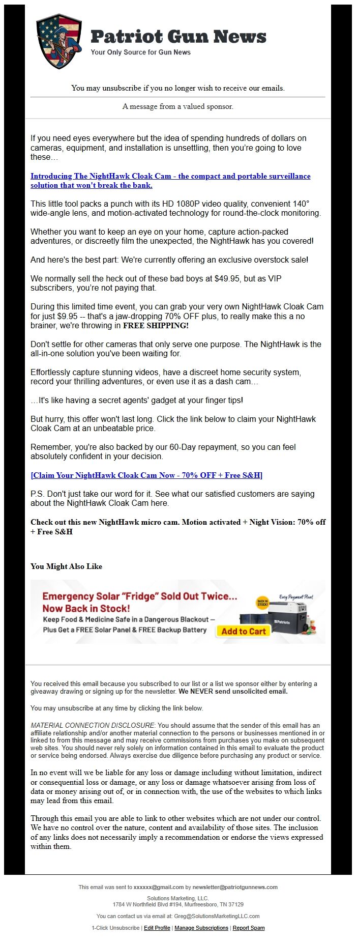 Screenshot of the email generated on import