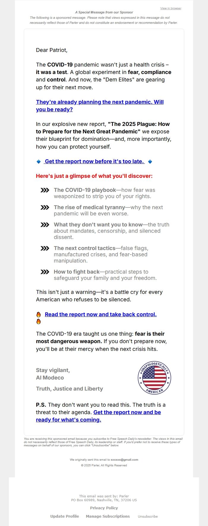 Screenshot of the email generated on import