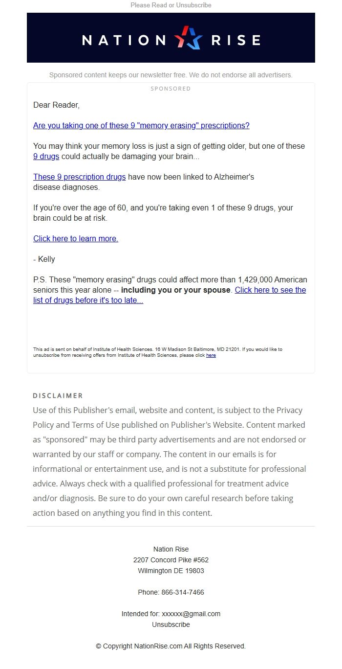 Screenshot of the email generated on import