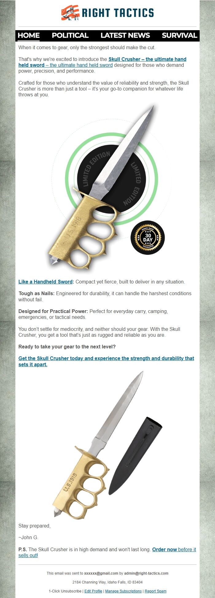 Screenshot of the email generated on import