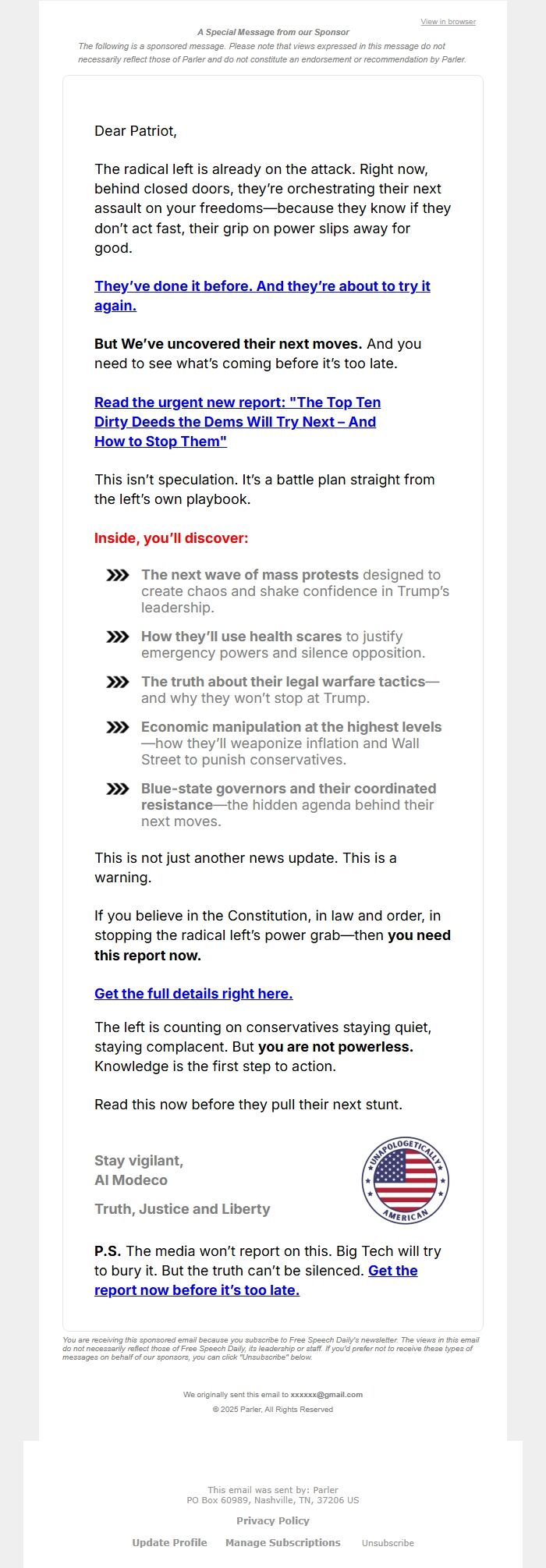 Screenshot of the email generated on import