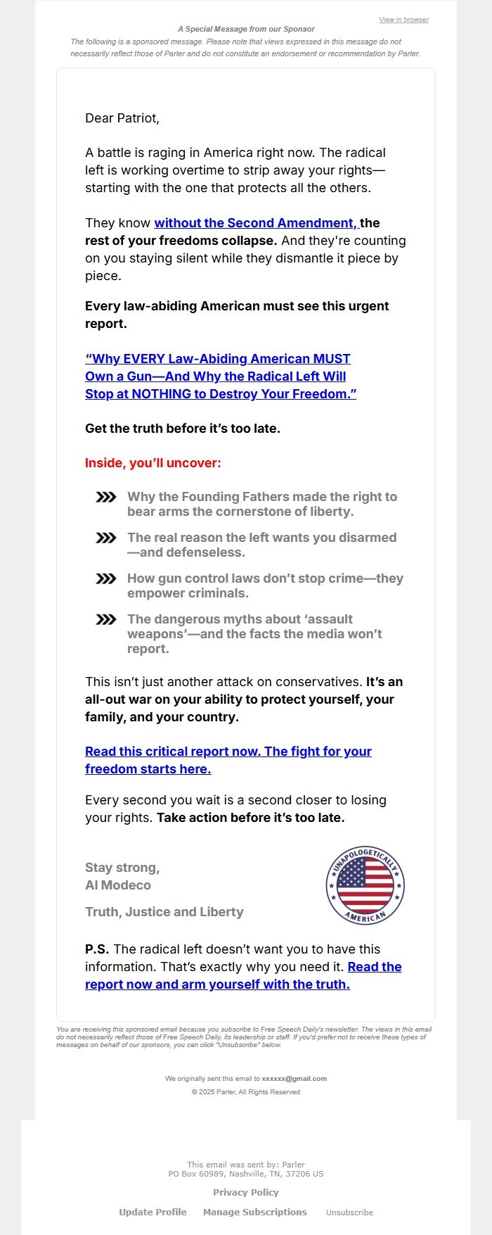 Screenshot of the email generated on import