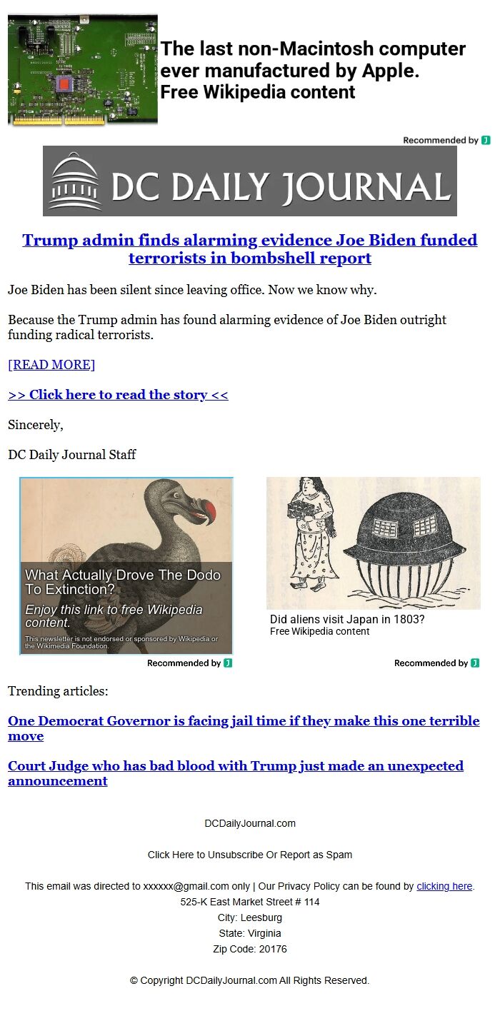 Screenshot of the email generated on import