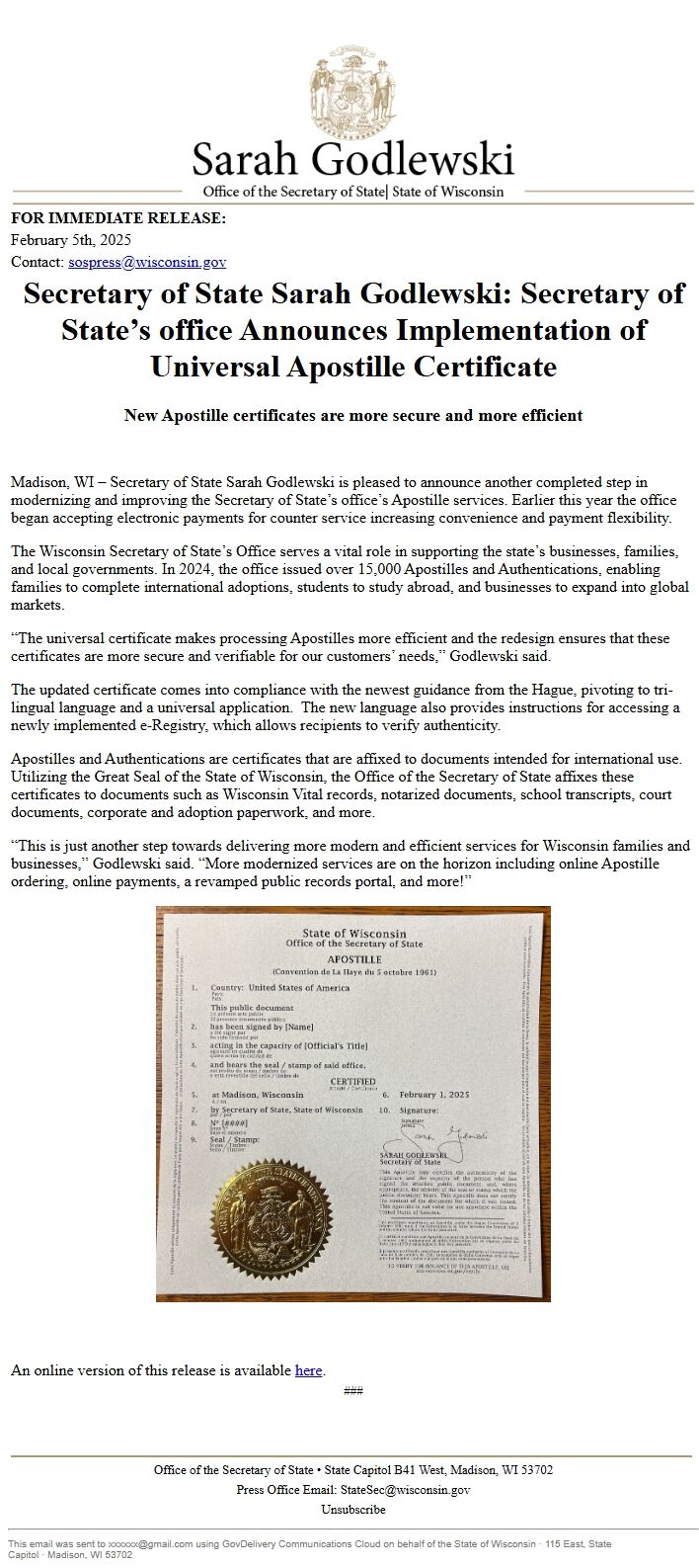 Screenshot of the email generated on import