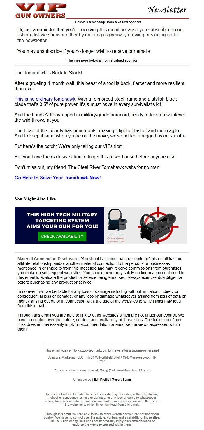 Screenshot of the email generated on import