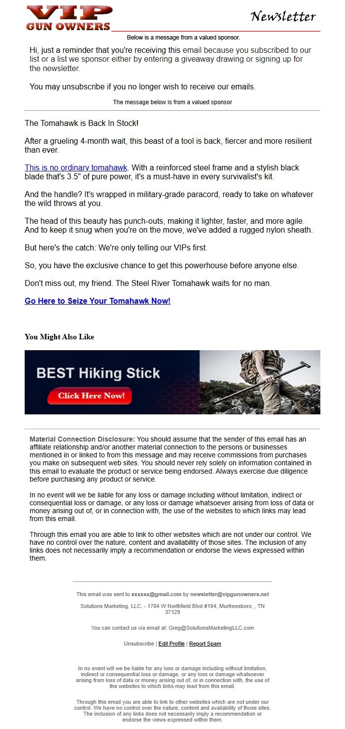 Screenshot of the email generated on import
