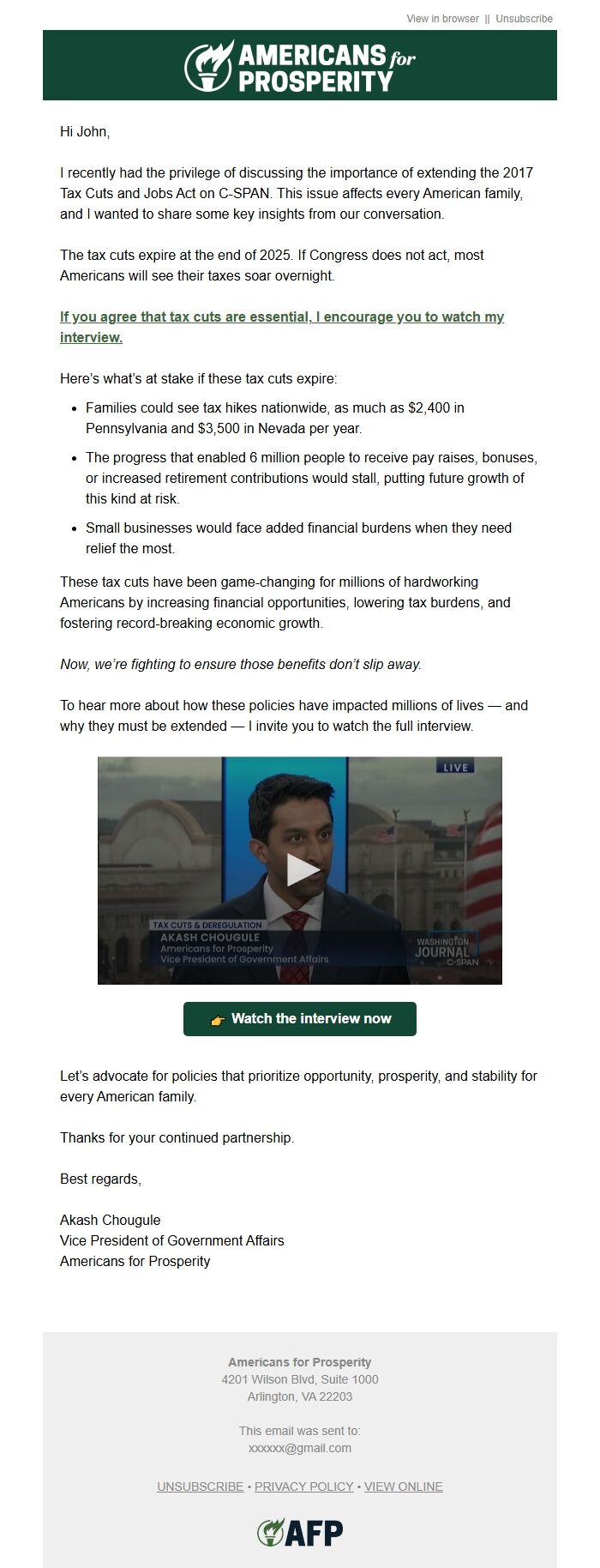 Screenshot of the email generated on import