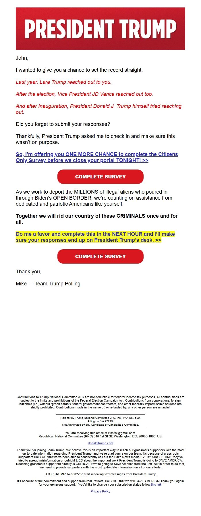 Screenshot of the email generated on import