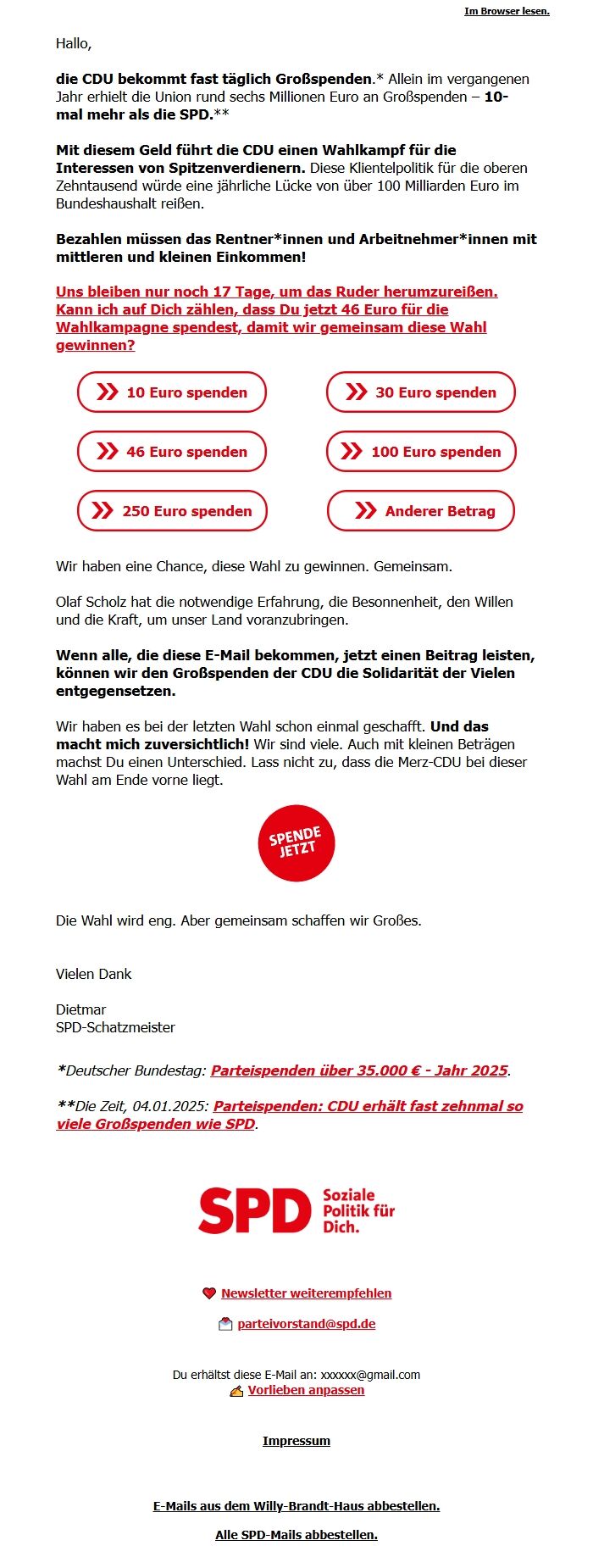 Screenshot of the email generated on import