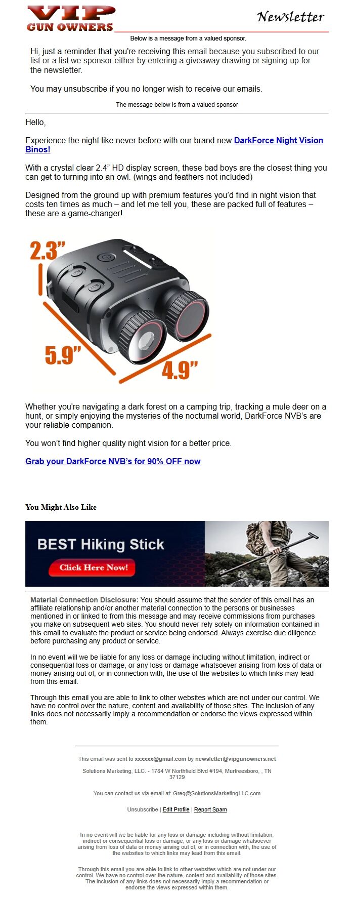 Screenshot of the email generated on import
