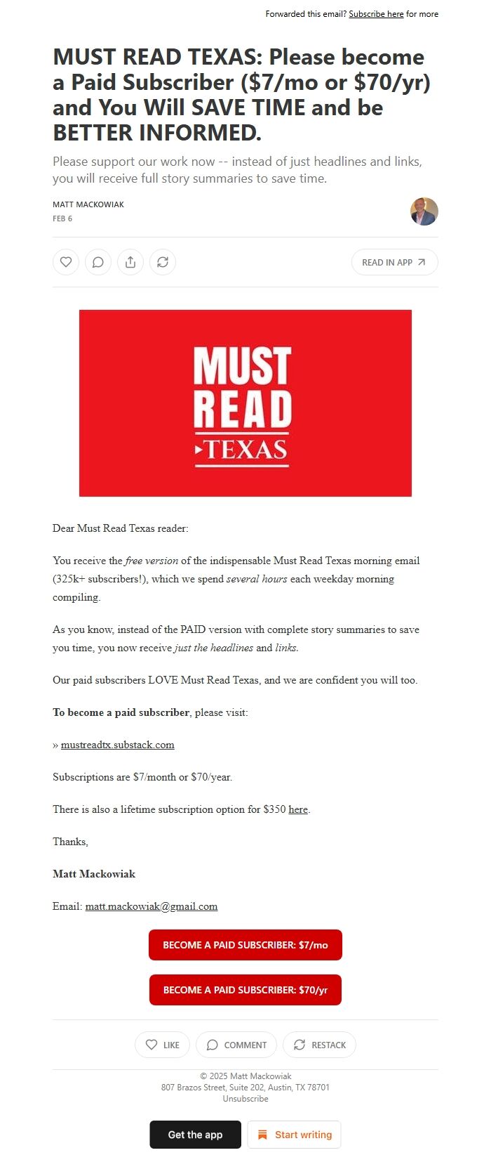 Screenshot of the email generated on import