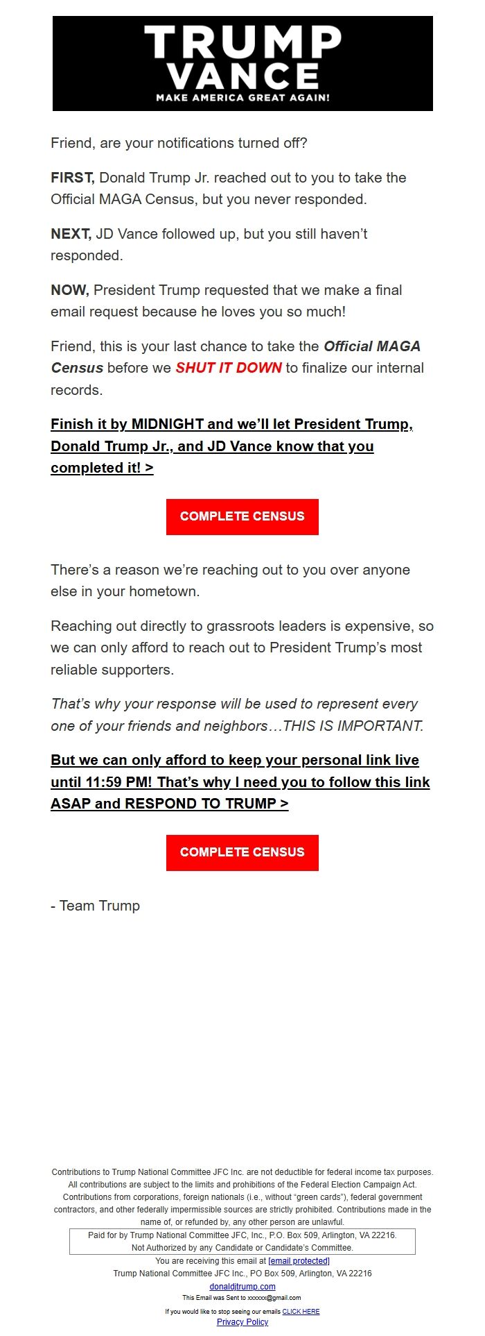 Screenshot of the email generated on import