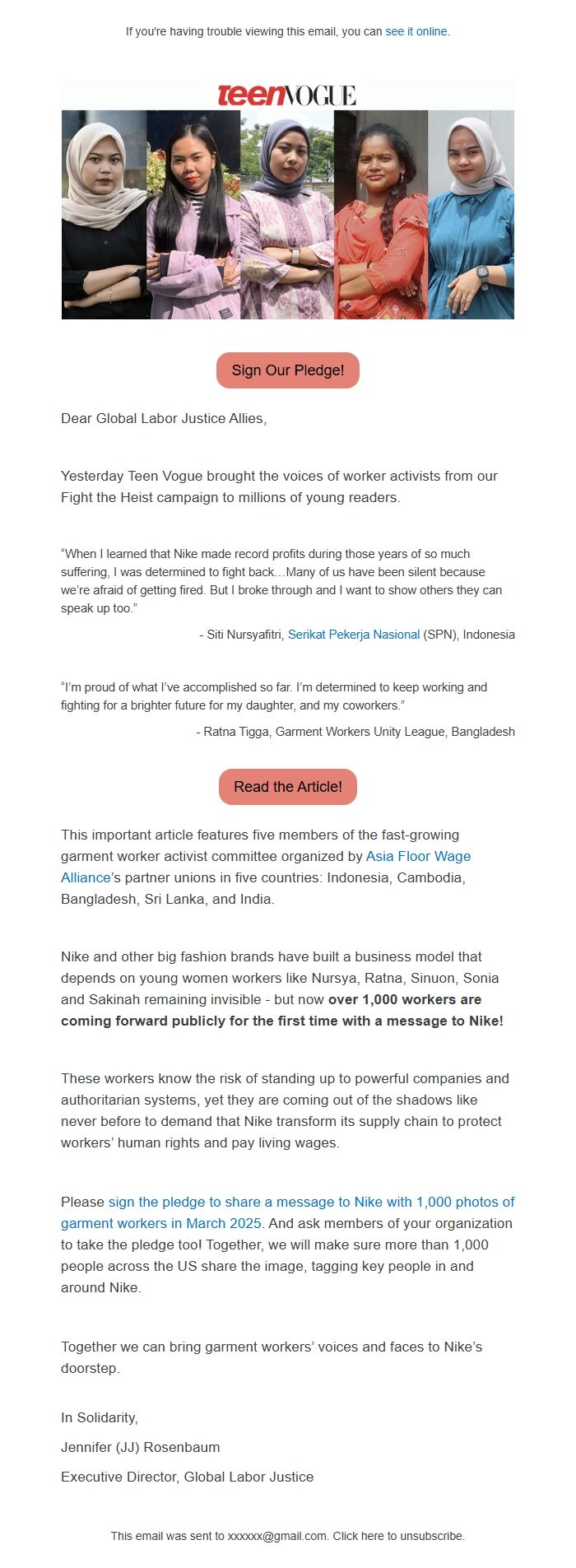 Screenshot of the email generated on import