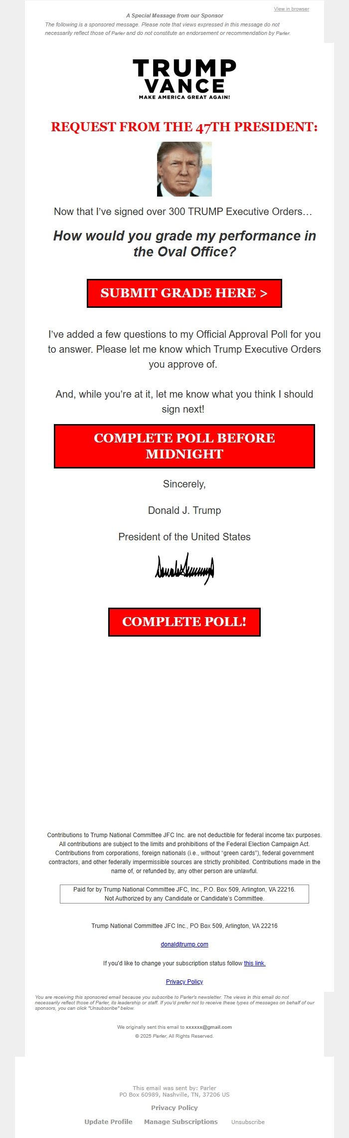 Screenshot of the email generated on import