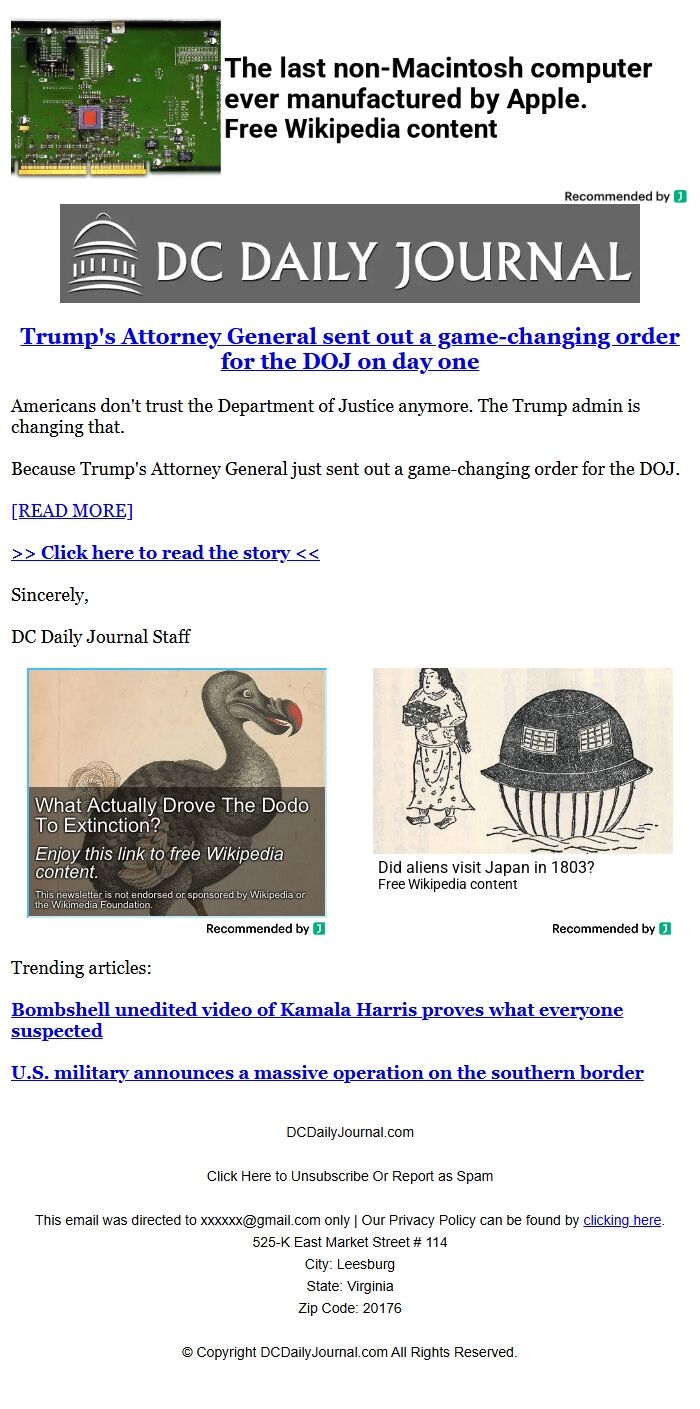 Screenshot of the email generated on import
