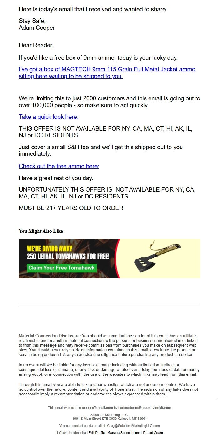 Screenshot of the email generated on import